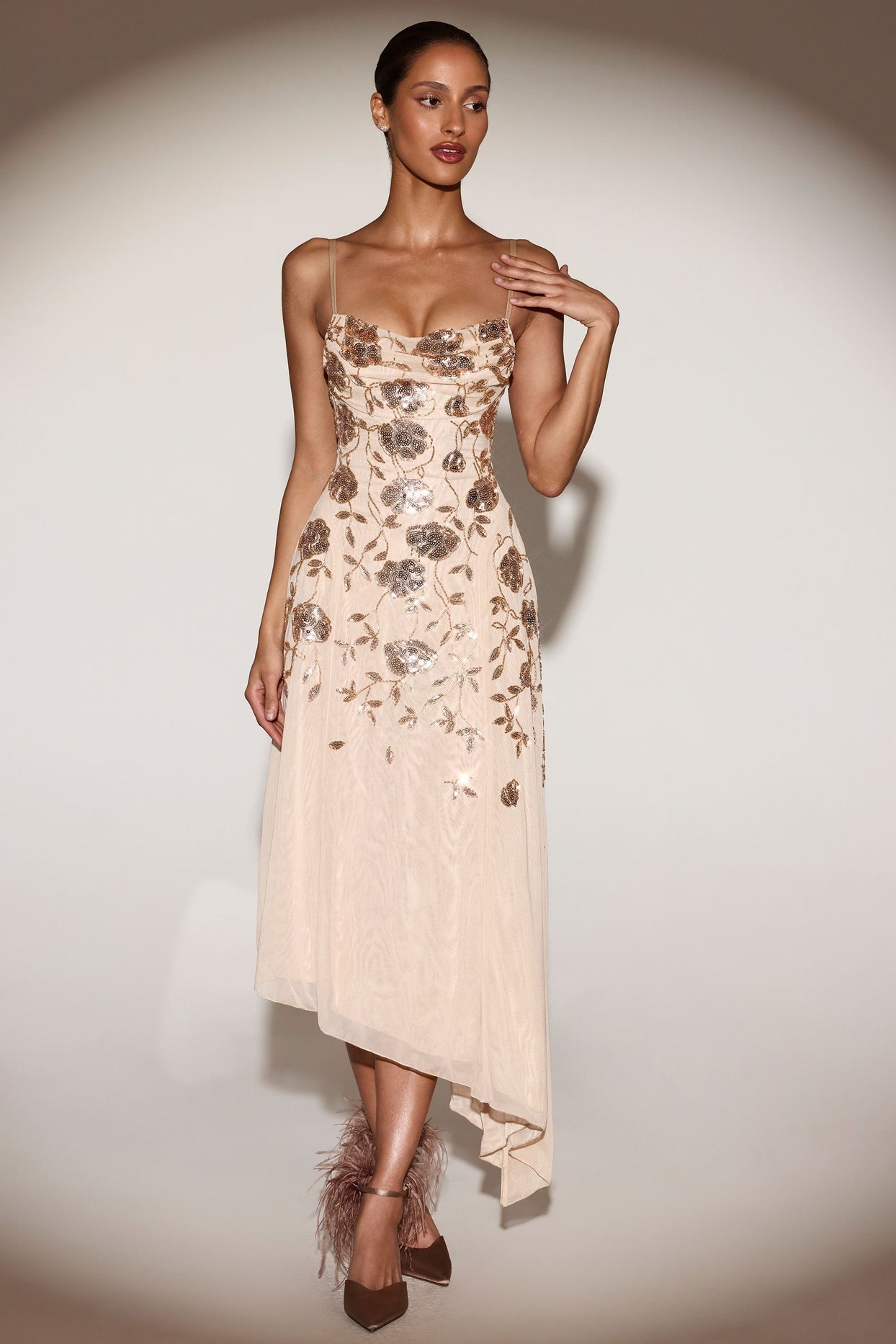 Embellished Soft-Scoop Asymmetric Midaxi Dress in Gold - 8