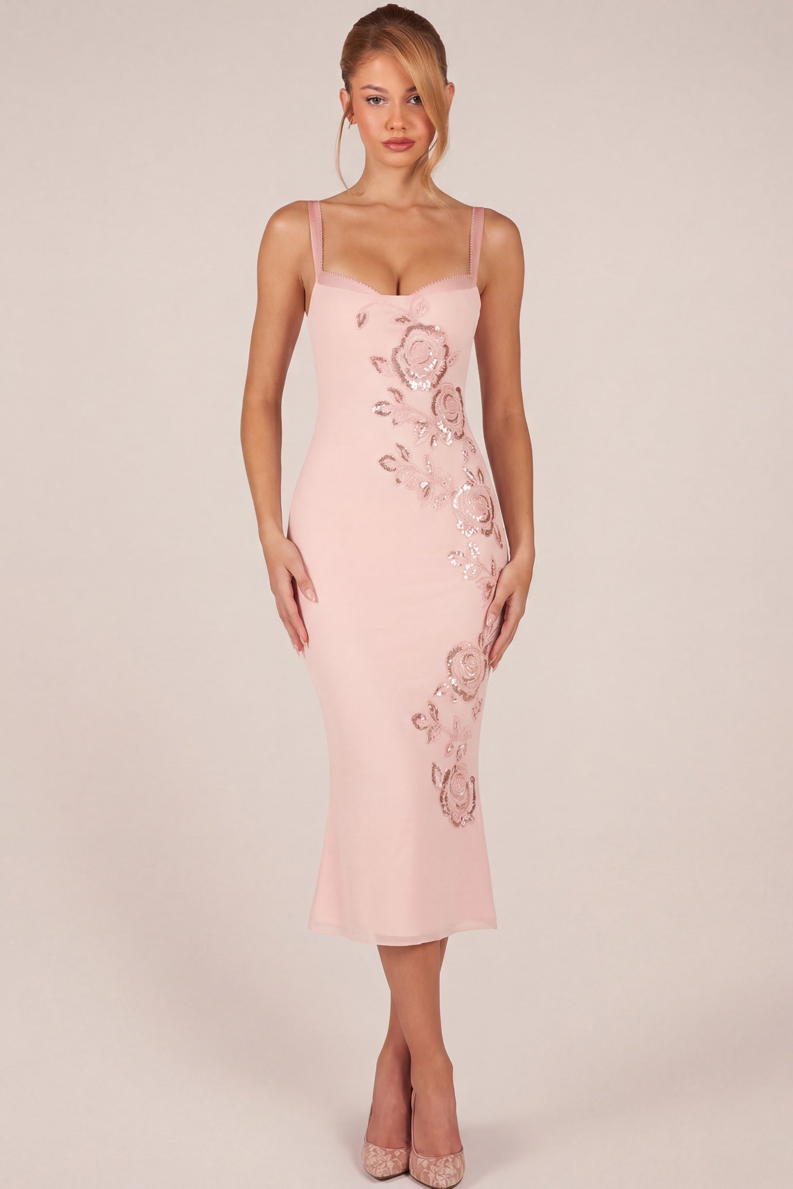 Embellished Peekaboo Fluted-Hem Midaxi Dress in Pink - 1