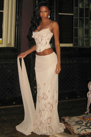 Embellished Draped Mid-Rise Gown Skirt in Gold