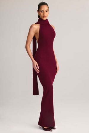 Dree Scarf-Detail Turtleneck Backless Maxi Dress in Wine