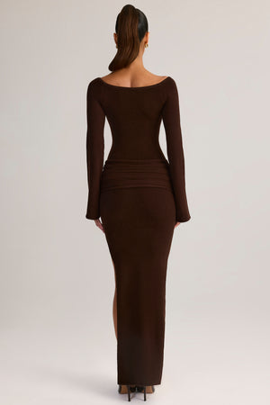 Knit Boat-Neck Long-Sleeve Maxi Dress in Chocolate Brown
