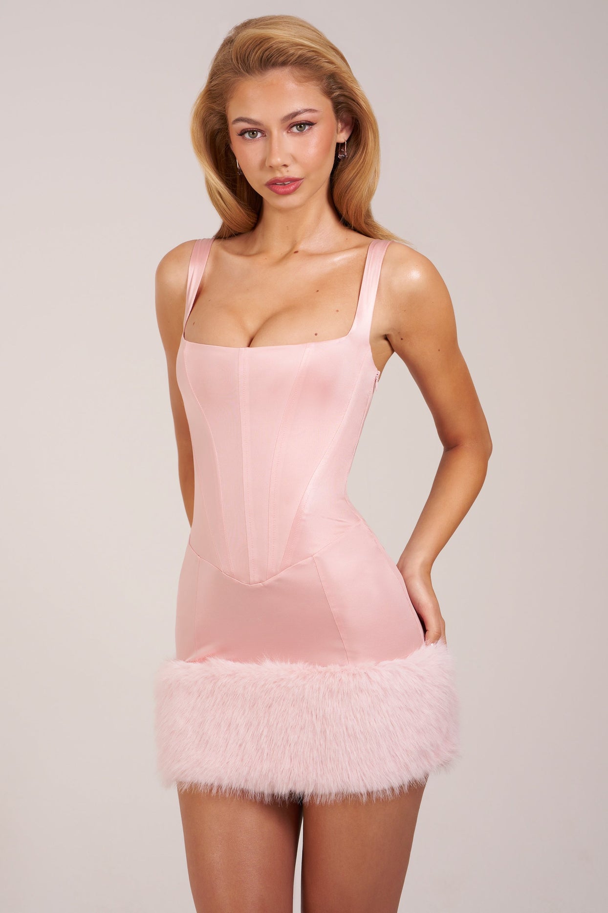 Satin Square-Neck Corset Faux-Fur Mini Dress in Blush Pink - 8