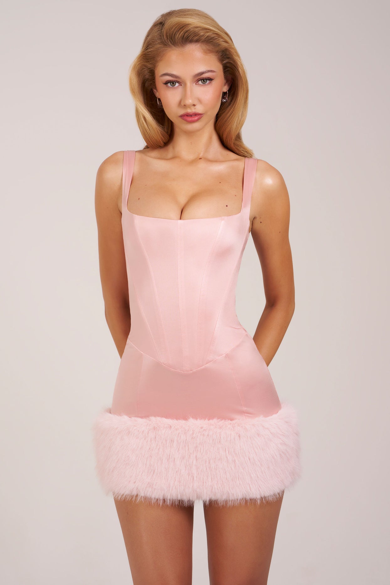 Satin Square-Neck Corset Faux-Fur Mini Dress in Blush Pink - 7