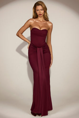 princess polly baby blue dress Aisra Draped Bandeau Peekaboo Gown in Wine Red