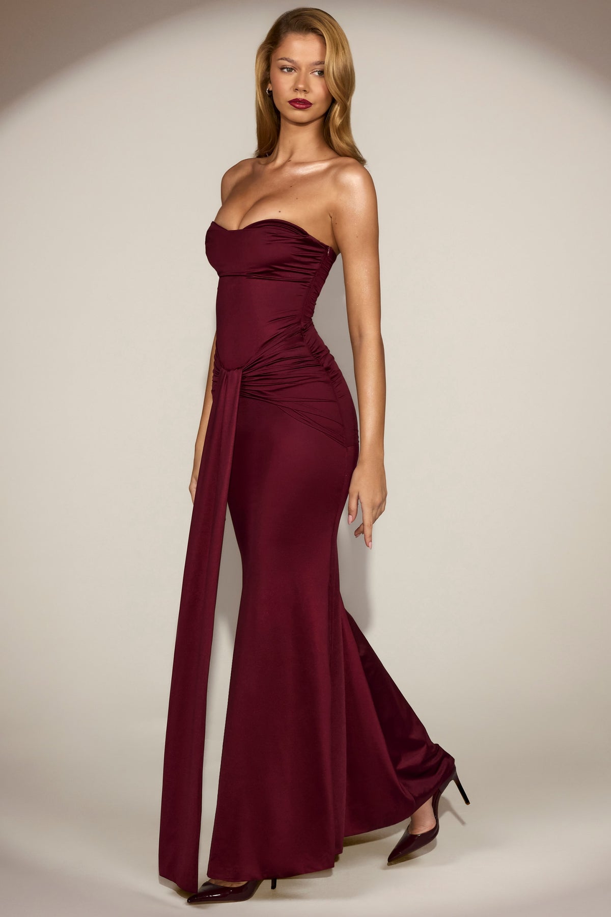 Satin Peekaboo Bandeau Draped Gown in Wine Red