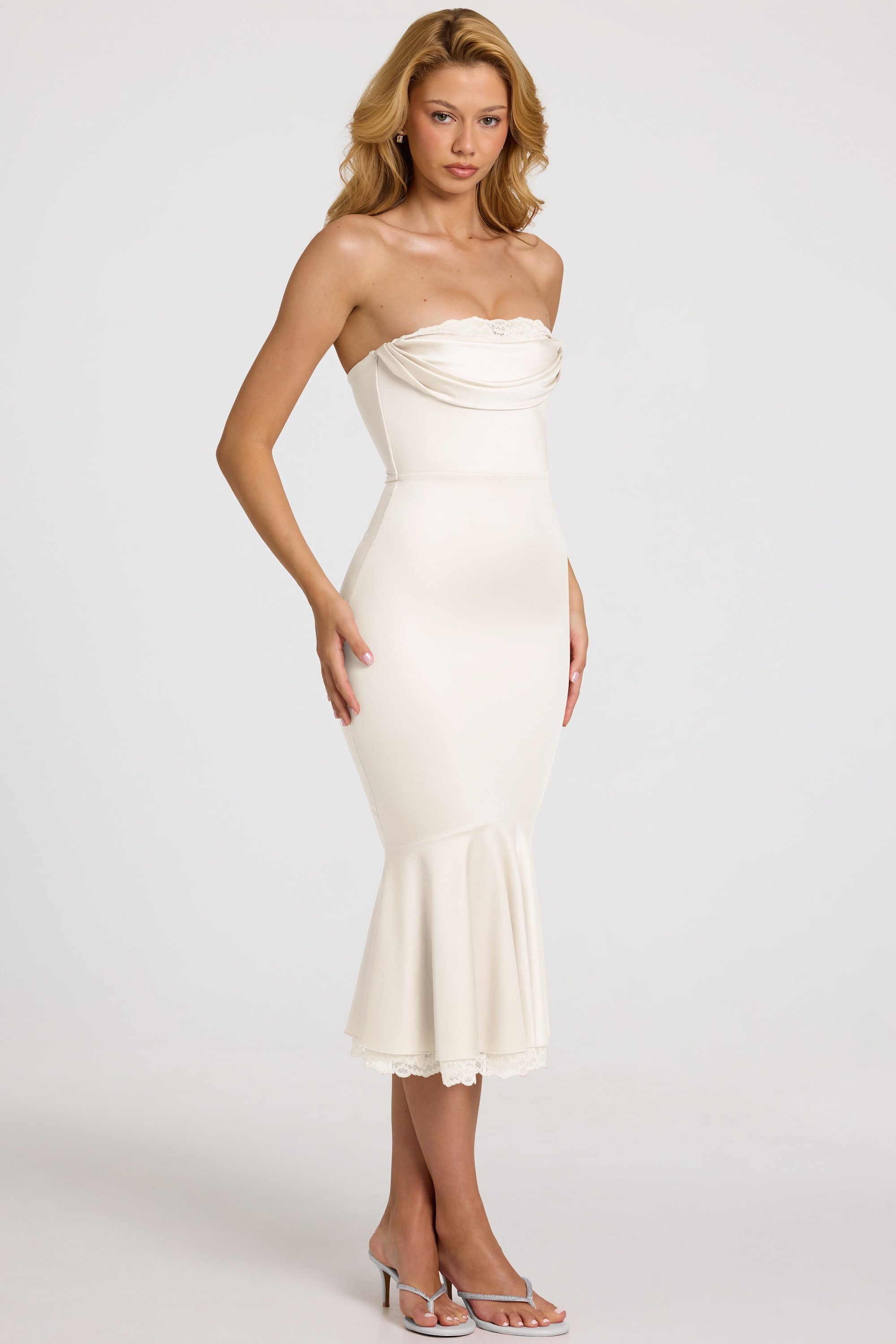 Satin Lace-Trim Bandeau Fluted Midaxi Dress in White