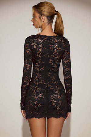Sheer Scalloped-Lace Long-Sleeve Mini Dress in Black