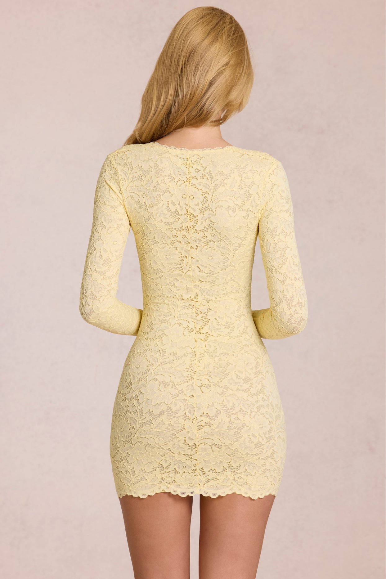 Scalloped-Lace Long-Sleeve Mini Dress in Lemon Yellow - 7