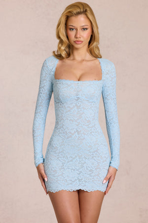 Darla Sheer Scalloped-Lace Long-Sleeve Mini Dress in Powder Blue