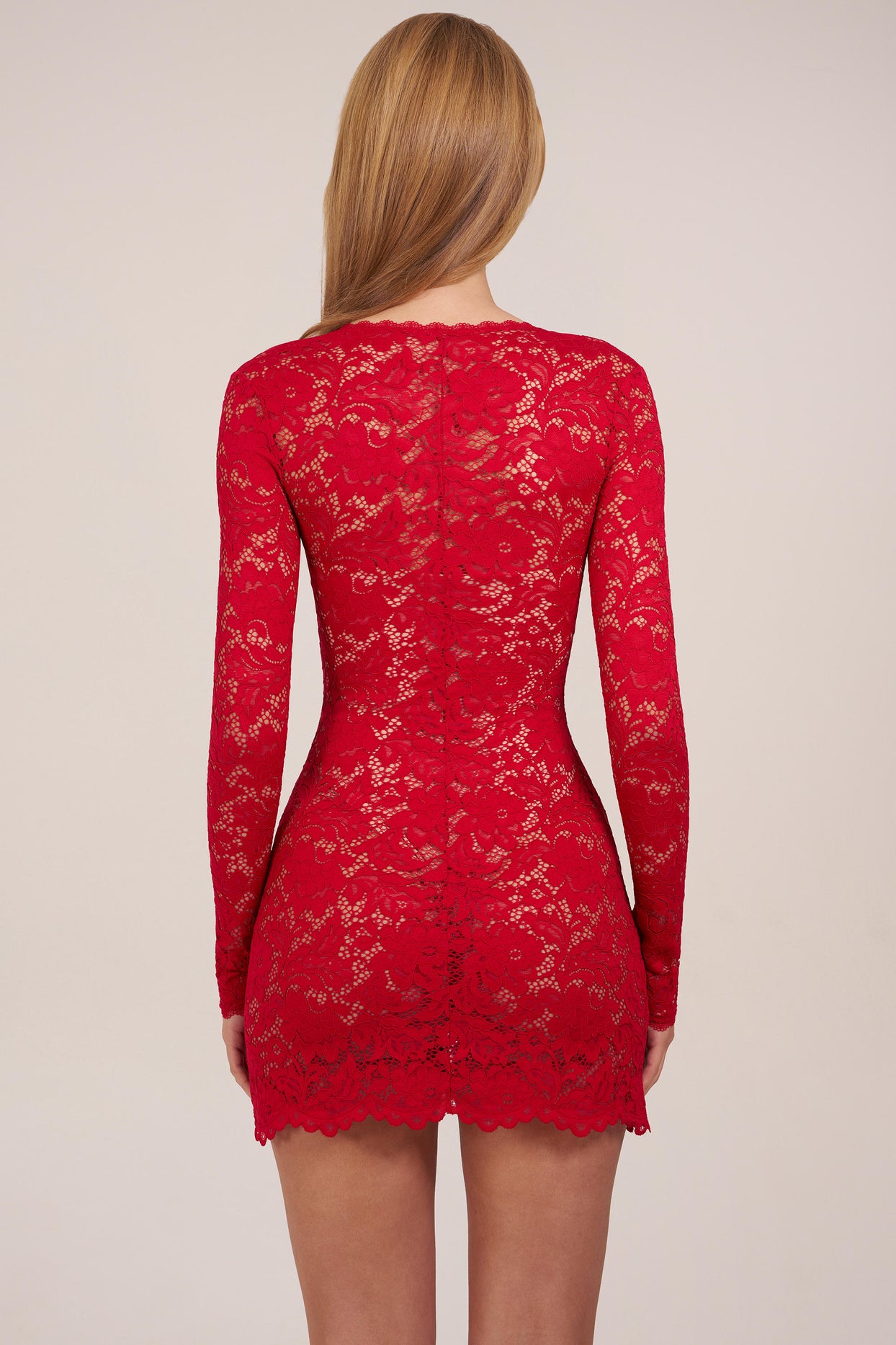 Sheer Scalloped-Lace Long-Sleeve Mini Dress in Rose Red - 4