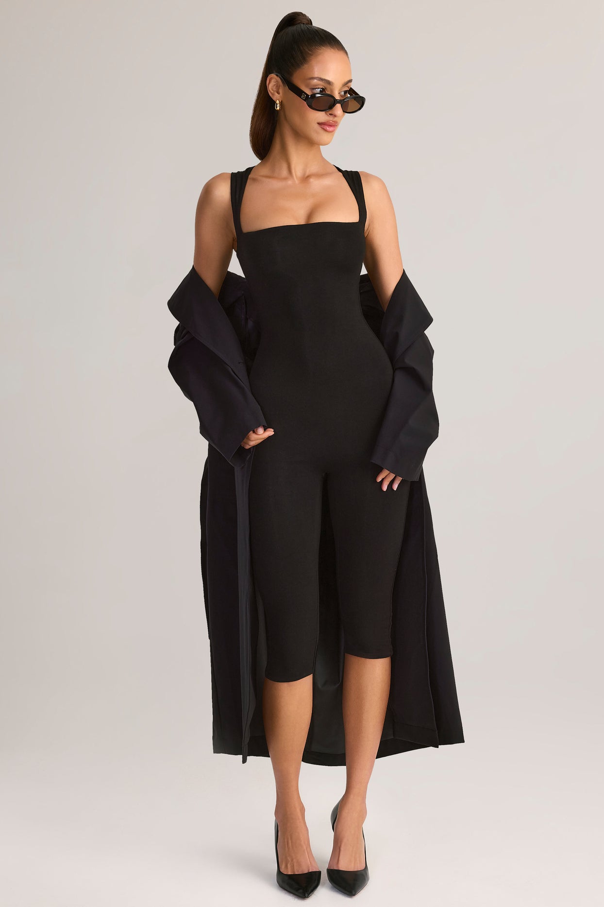 Modal Square-Neck Bodycon Capri Jumpsuit in Black - 6