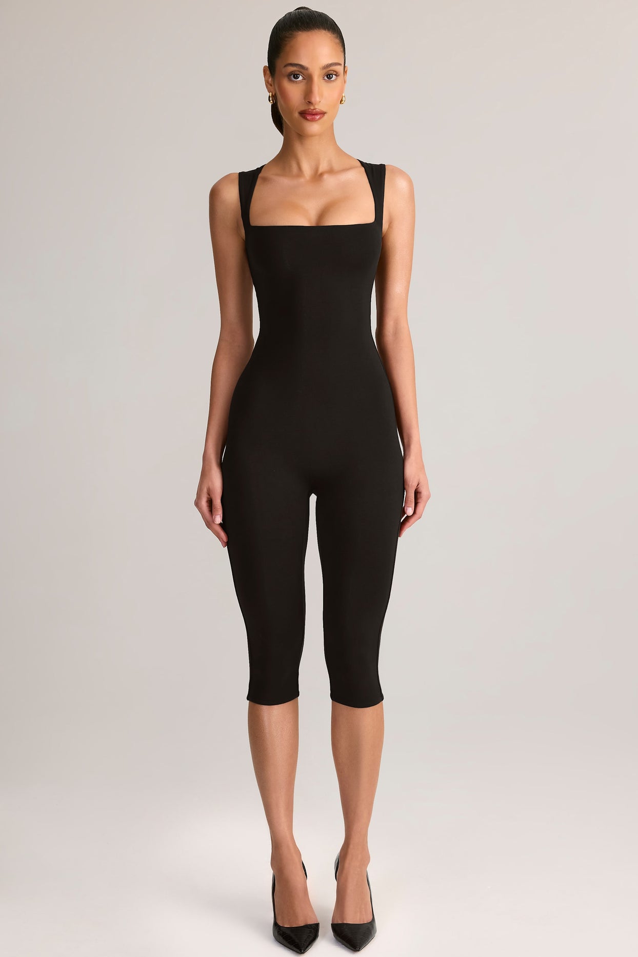 Modal Square-Neck Bodycon Capri Jumpsuit in Black - 7