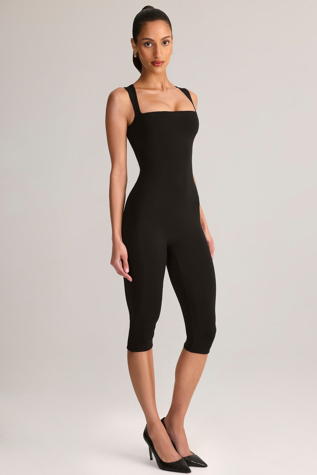 Modal Square-Neck Bodycon Capri Jumpsuit in Black - 8