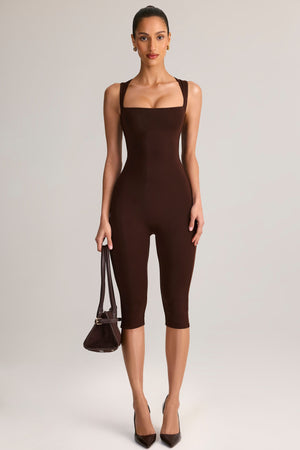 Modal Square-Neck Capri Jumpsuit in Chocolate Brown