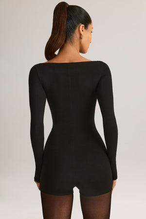 Modal Boat-Neck Long-Sleeve Playsuit in Black