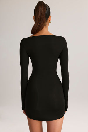 Modal Boat-Neck Draped Long-Sleeve Mini Dress in Black