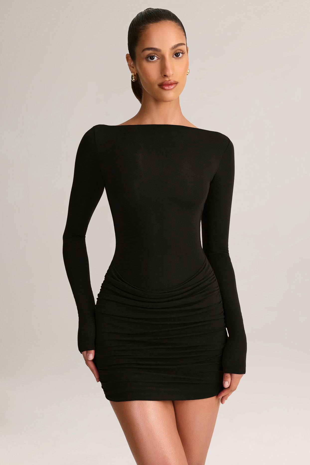 Modal Boat-Neck Draped Long-Sleeve Mini Dress in Black - 6