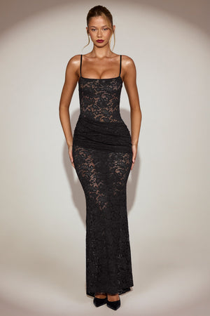 Lace Ruched Gown in Black