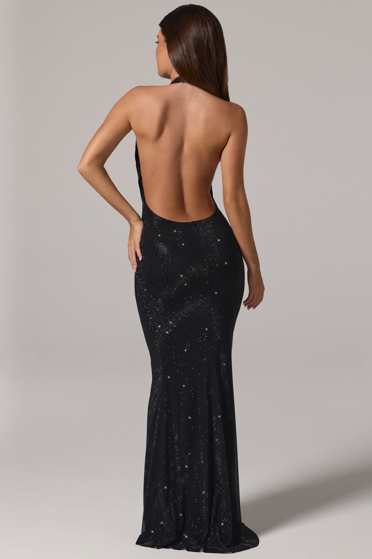 Embellished Cowl-Neck Backless Gown in Black