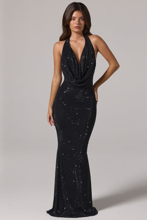 Embellished Cowl-Neck Backless Gown in Black