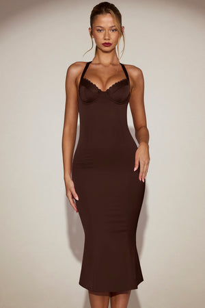 Lace-Trim Halterneck Fishtail Midaxi Dress in Chocolate Brown