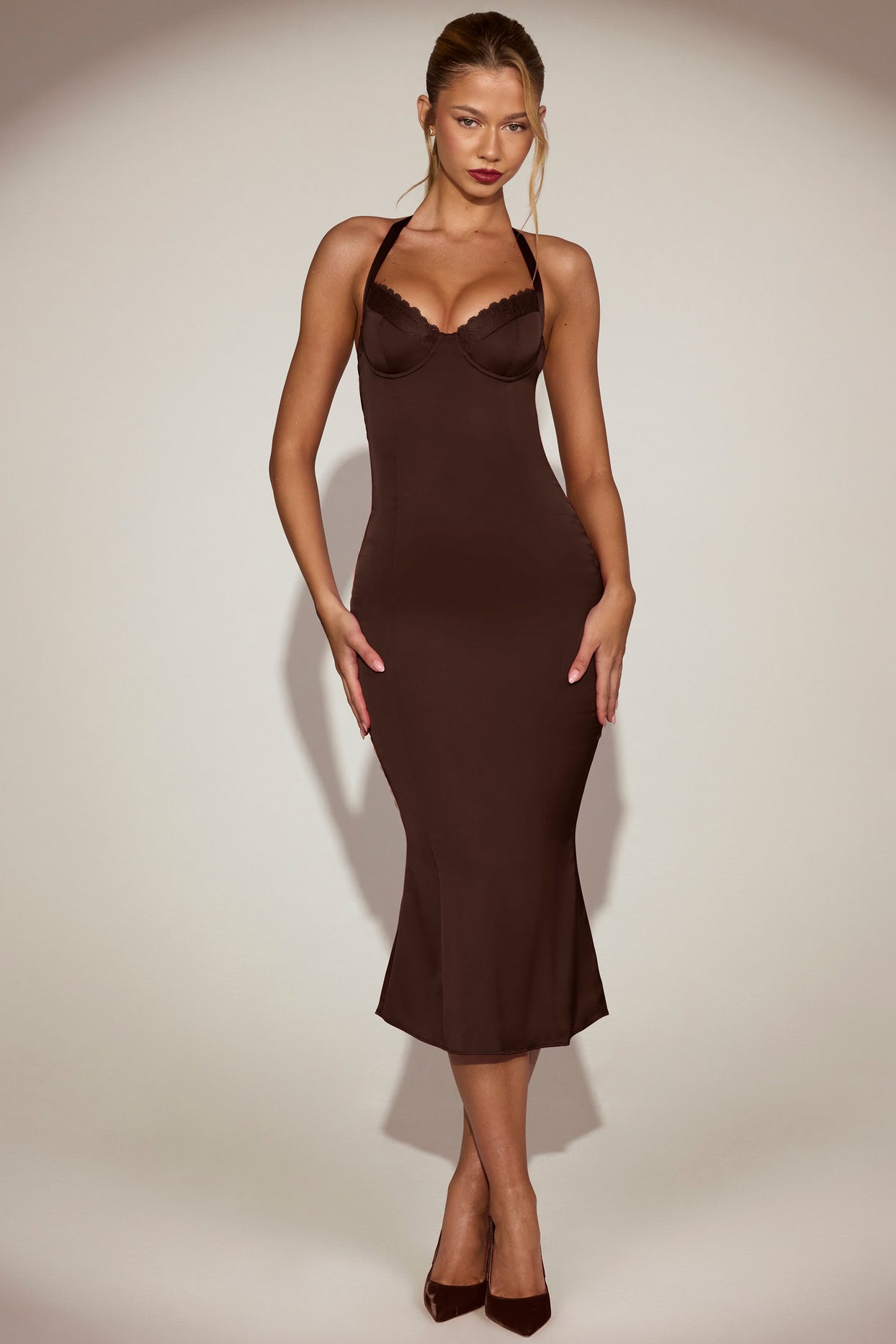 Satin Sweetheart Bustier Fishtail Midaxi Dress in Chocolate Brown - 8