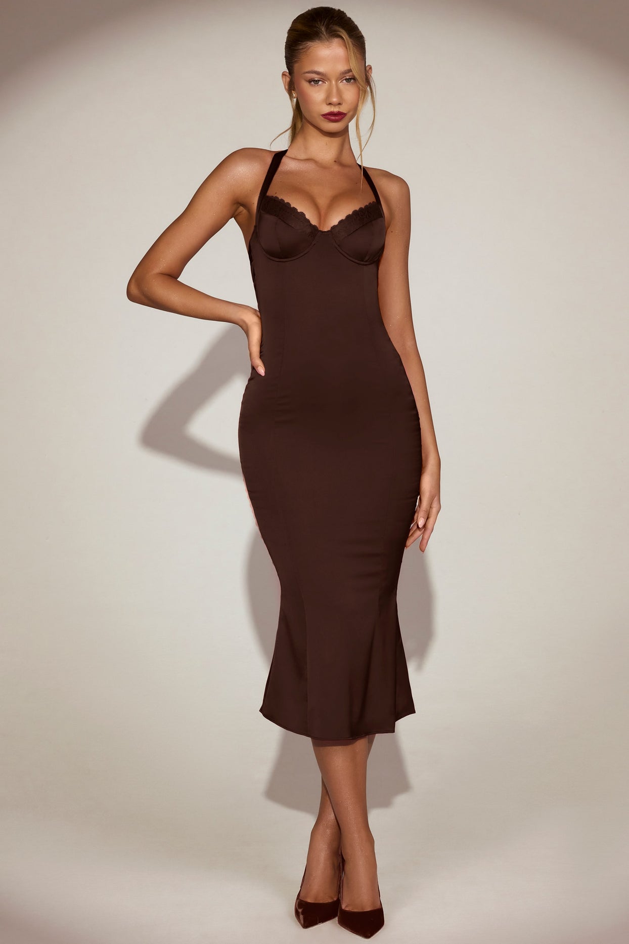 Satin Sweetheart Bustier Fishtail Midaxi Dress in Chocolate Brown - 9
