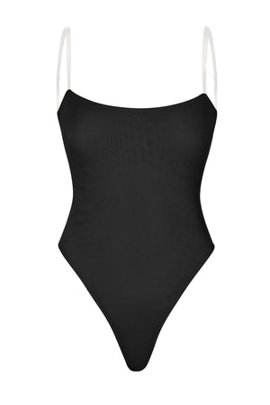 Soft Mesh Invisible Strap Thong Bodysuit in Black