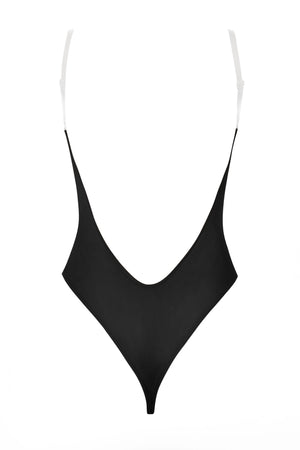 Soft Mesh Invisible Strap Thong Bodysuit in Black