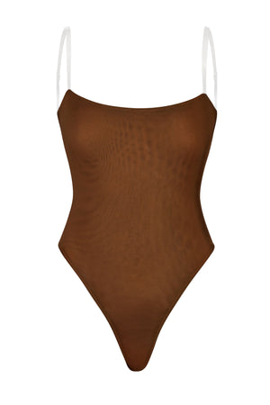 Soft Mesh Invisible Strap Thong Bodysuit in Chestnut