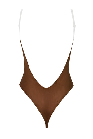 Soft Mesh Invisible Strap Thong Bodysuit in Chestnut