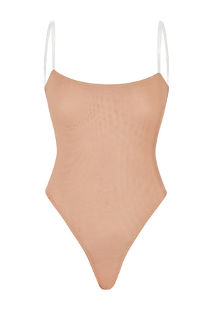 Soft Mesh Invisible Strap Thong Bodysuit in Warm Peach