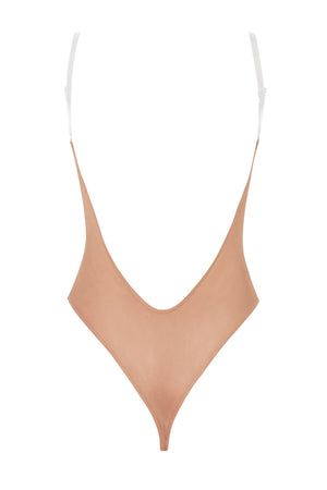 Soft Mesh Invisible Strap Thong Bodysuit in Warm Peach