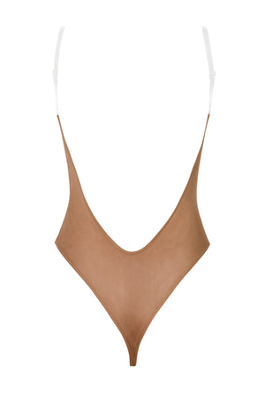 Soft Mesh Invisible Strap Thong Bodysuit in Honey