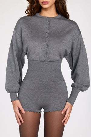Knit Long Sleeve Romper in Grey