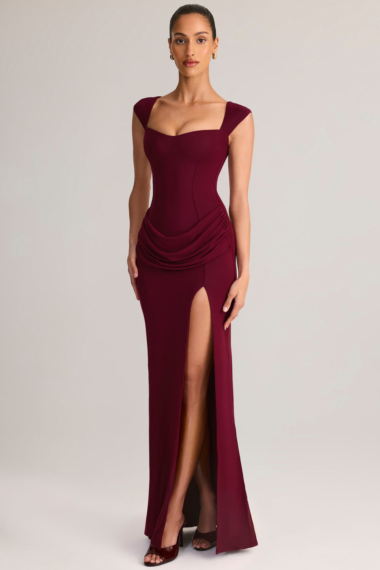 Modal Sweetheart-Neck Cowl-Waist Maxi Dress in Wine - 7
