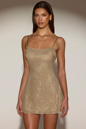 Embellished Backless A-Line Mini Dress in Gold