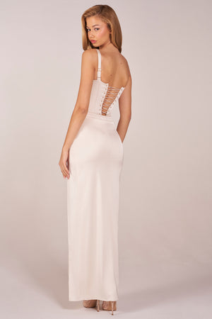 Corseted Thigh-High Split Maxi Dress in Ivory