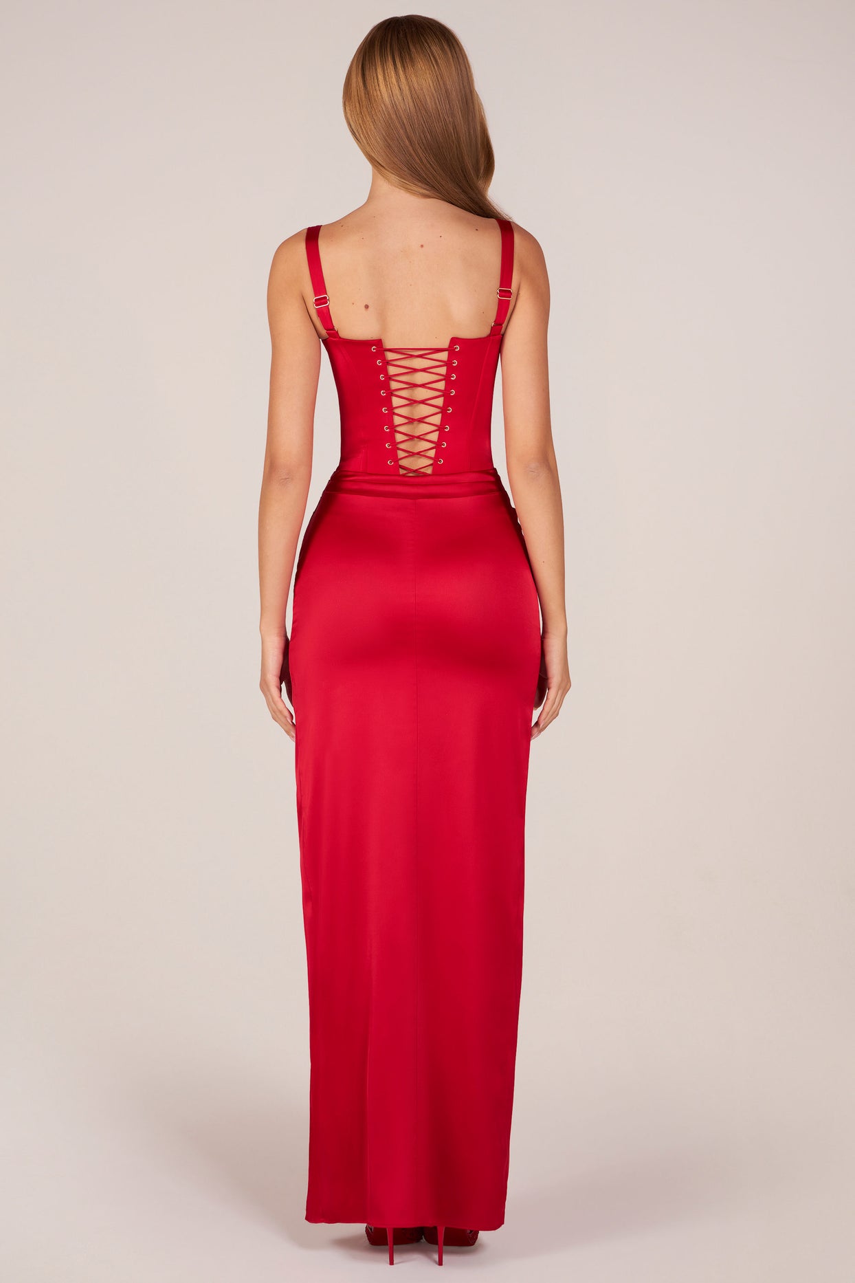 Corseted Thigh-High Split Maxi Dress in Rose Red - 4