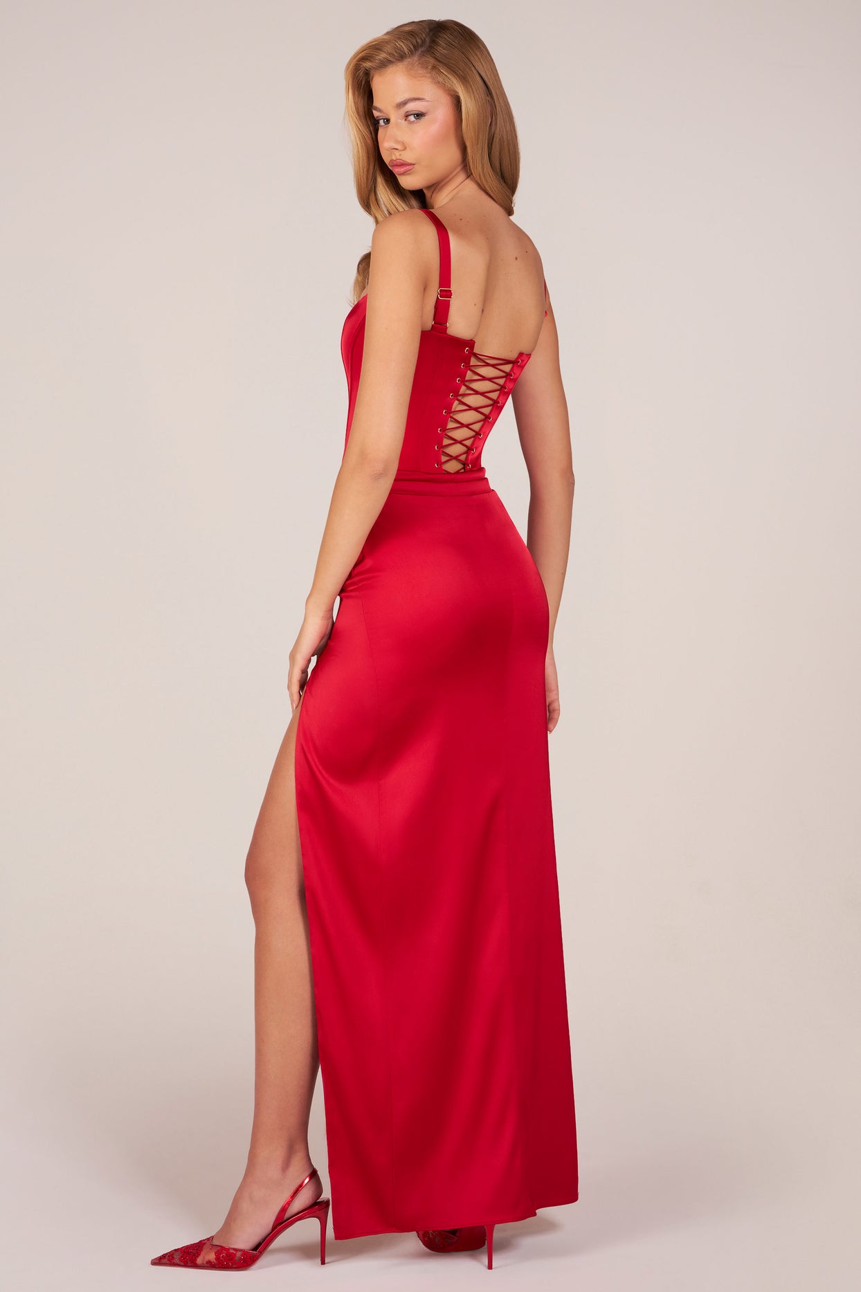 Corseted Thigh-High Split Maxi Dress in Rose Red - 8