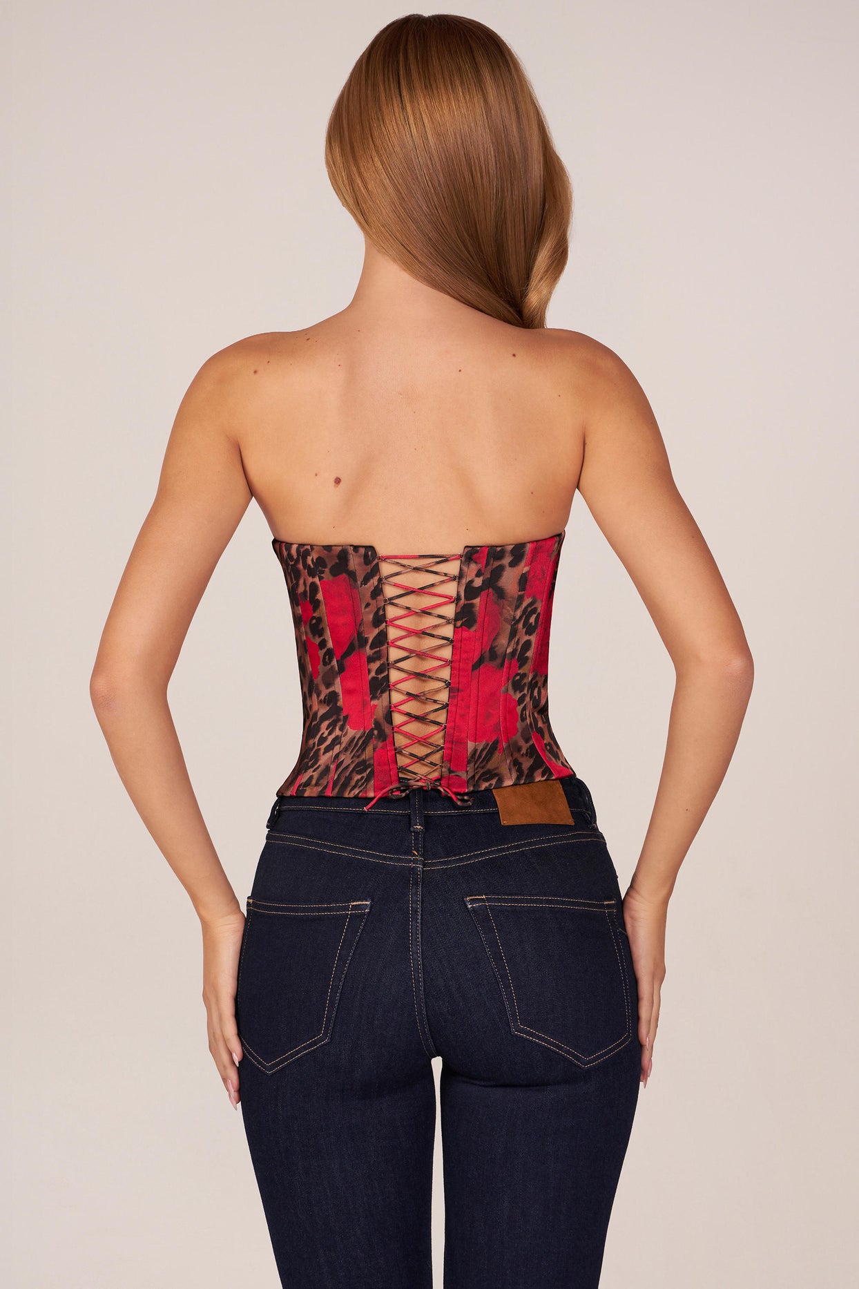 Bandeau Lace-Up Corset Top  in Rose Leopard Print - 8