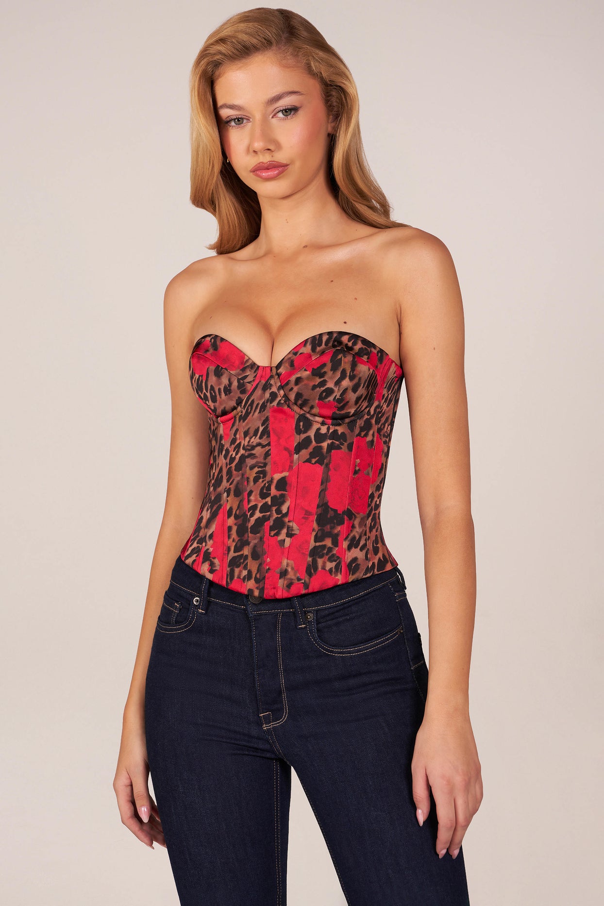 Bandeau Lace-Up Corset Top  in Rose Leopard Print - 7
