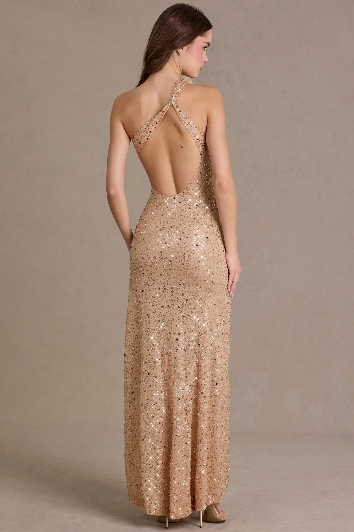 Embellished Asymmetric One-Shoulder Maxi Dress in Sand - 6