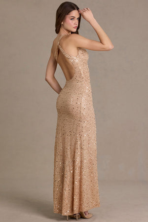 Premium Embellished Asymmetric One-Shoulder Maxi Dress in Beige Gold