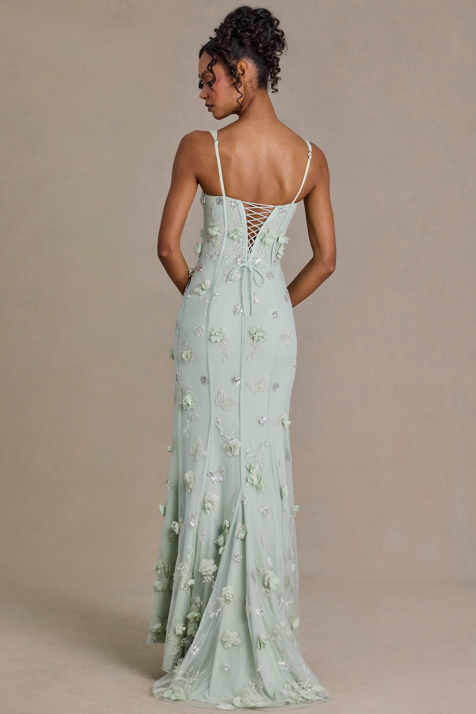 Embellished Corset Gown in Sage Green - 2