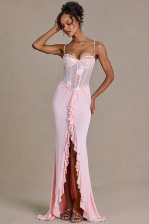 Premium Embellished Lace Corset Gown in Baby Pink