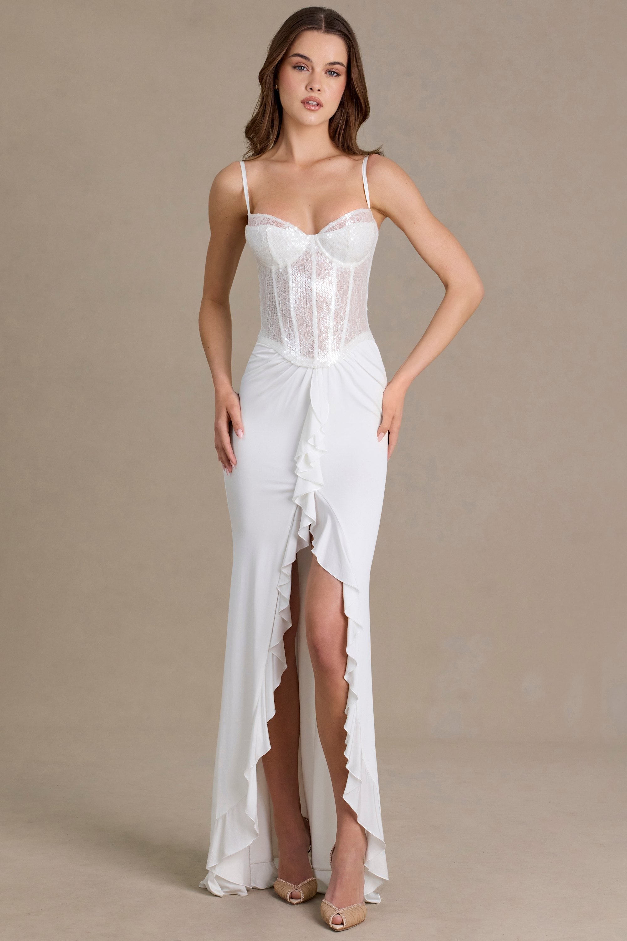 Embellished Lace Corset Gown in Snow - 1