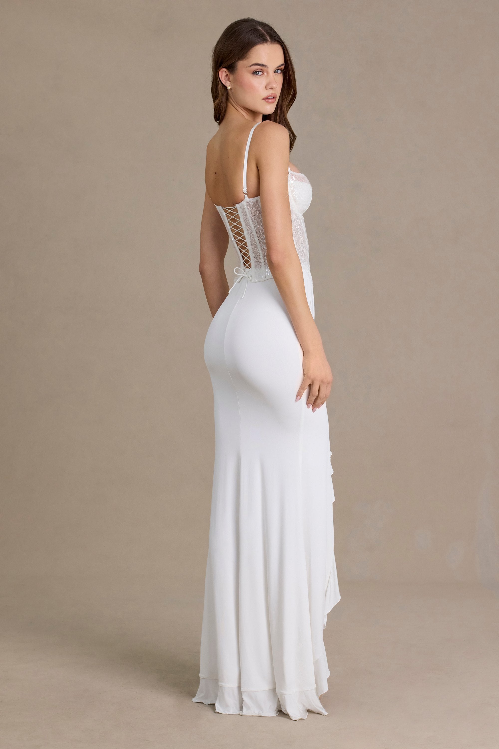 Embellished Lace Corset Gown in Snow - 2