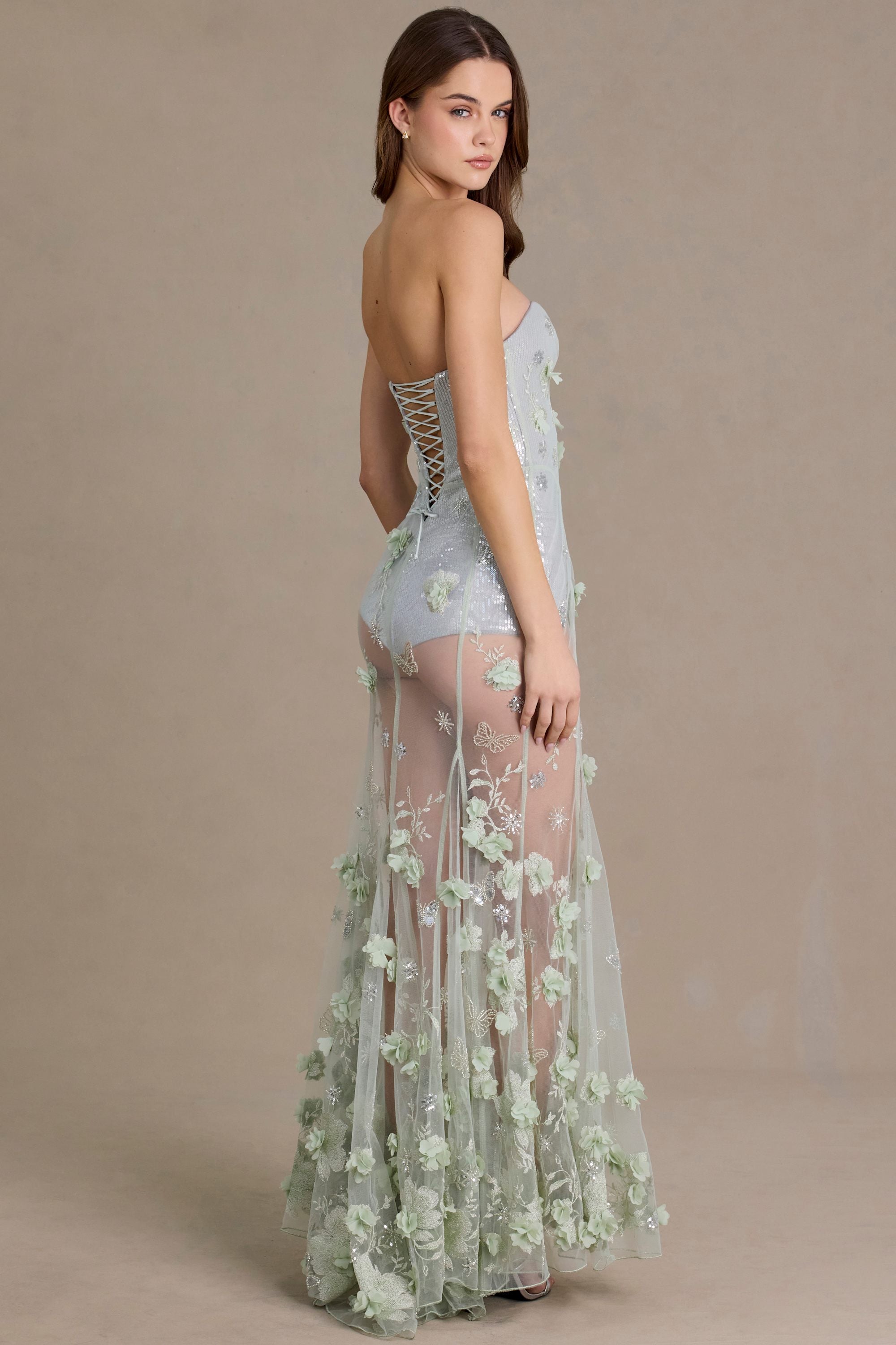 Embellished Tulle Corset Gown in Sage Green - 1