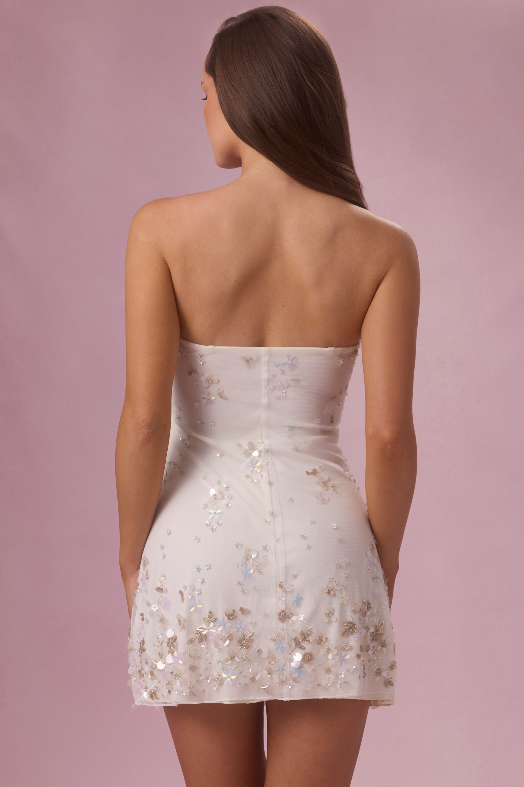 Embellished Bandeau Mini Dress in Pearl